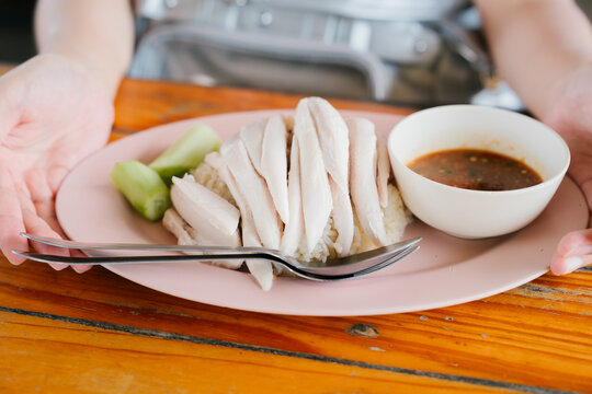 Hainanese chicken rice poached meat food meal dish dinner lunch tasty hungry