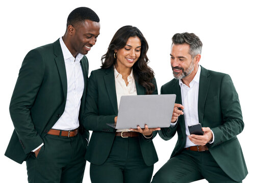 Diverse business team looking at laptop computer together, smiling professional colleagues collaborating, isolated on transparent background. Corporate teamwork, office success, partnership.