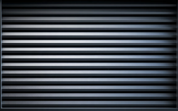 Dark gray horizontal louvers form modern geometric pattern. Minimalist metal slats create smooth parallel lines with subtle texture