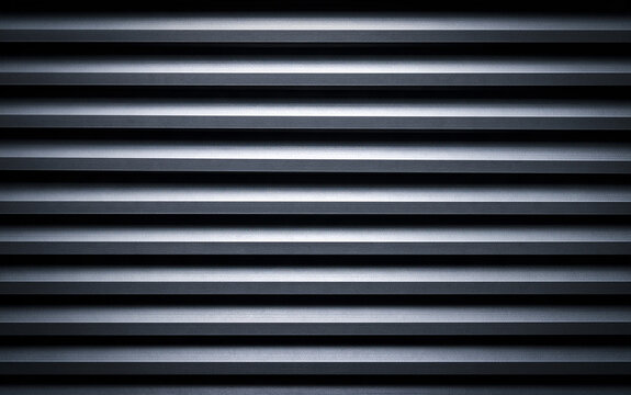 Dark gray horizontal louvers form modern geometric pattern. Minimalist metal slats create smooth parallel lines with subtle texture