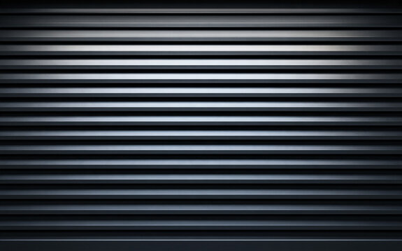 Dark gray horizontal louvers form modern geometric pattern. Minimalist metal slats create smooth parallel lines with subtle texture
