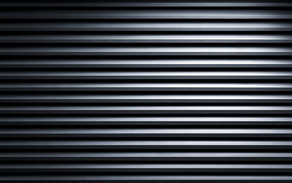 Dark gray horizontal louvers form modern geometric pattern. Minimalist metal slats create smooth parallel lines with subtle texture