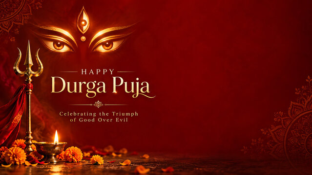 Happy Durga Puja banner with divine goddess eyes trident and oil lamp on red backdrop celebrating good over evil triumph.