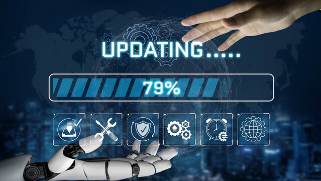 Futuristic Concept of Robot Arm and Human Hand Approaching During Software Update Process with Progress Bar and Digital Icons Sigmoid