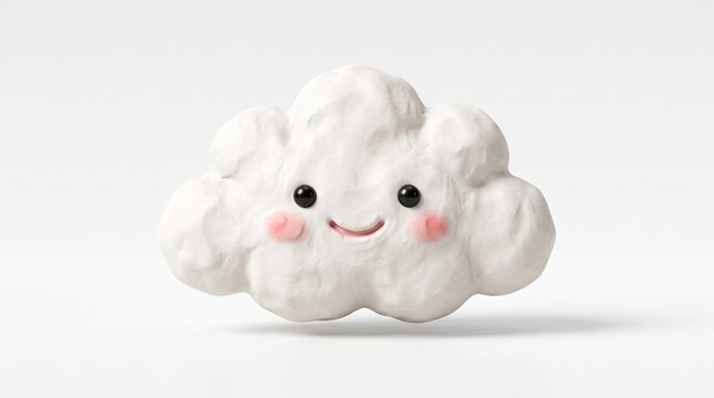 Cute smiling white cloud character with rosy cheeks and black eyes on a plain white background