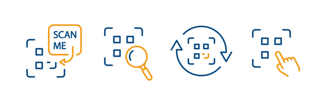 Scan me, search qr code, generate and select qr code, vector glyph icon set, outline icons