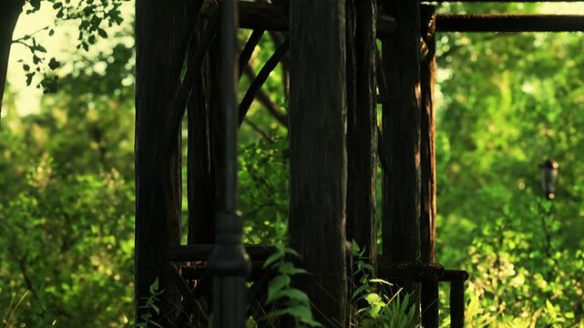 A rustic wooden gazebo stands gracefully amid vibrant green foliage, inviting visitors to relax in natures tranquility. The soft sunlight filters through the leaves, creating a calming atmosphere.