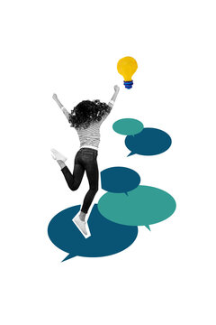 Vertical collage young woman jump celebrate success victory winner communication forum textboxes conversation lightbulb eureka decision