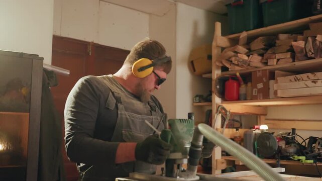 Man operates power tool with precision inside workshop filled with wood and equipment. Man wears protective ear muffs glasses and gloves while handling machinery on workbench surrounded