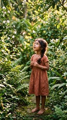 Fototapeta premium Young Indian Girl Watching a Hummingbird in Dappled Garden Sunlight