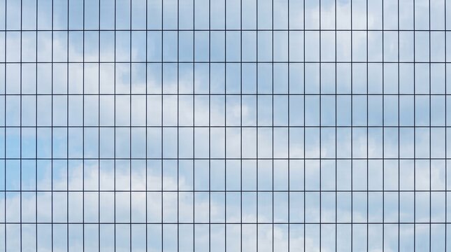 Modern glass building facade with grid pattern and reflected clouds