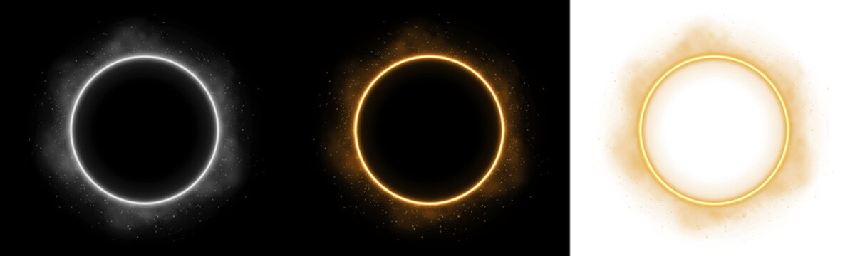 Glowing circle light frames with smoke and sparkle effects set isolated on transparent background