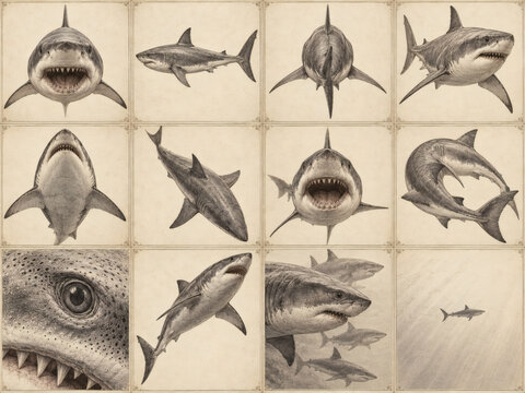 Vintage scientific shark illustration collection with twelve anatomical views, antique natural history engraving, marine biology study, archival museum artwork, luxury editorial design