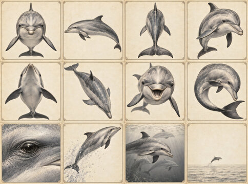 Vintage dolphin natural history collection on archival paper, twelve engraved marine mammal studies with diverse anatomical views, antique scientific illustration, museum specimen plates, elegant