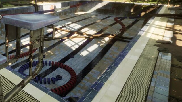 Forgotten swimming pool shows its faded tiles and old diving boards under bright sunlight. Hoses lay scattered, hinting at past splashes of joy now replaced by silence.