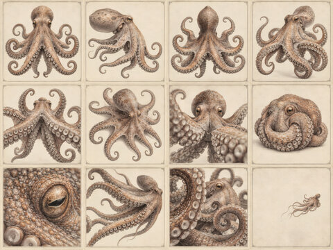 Octopus scientific illustration collection in antique natural history engraving style, detailed marine specimen studies with vintage archival paper, tentacles, anatomy, and museum aesthetic