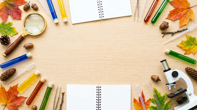 Science equipment and autumn leaves arranged on a wooden table. Autumn STEM workshop background with copy space.