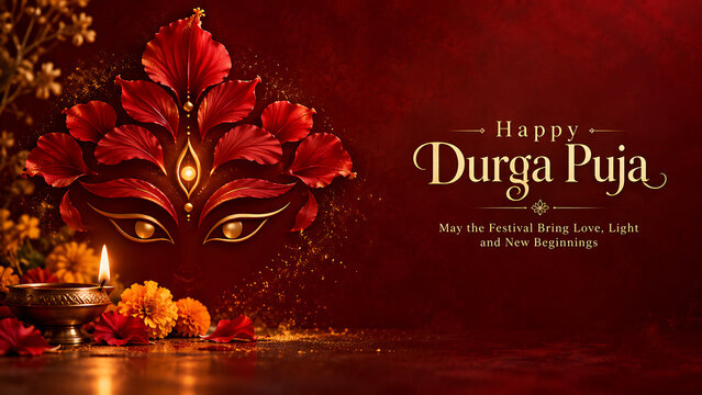 Happy durga puja greeting card with artistic goddess durga design and glowing diya for festive celebration.