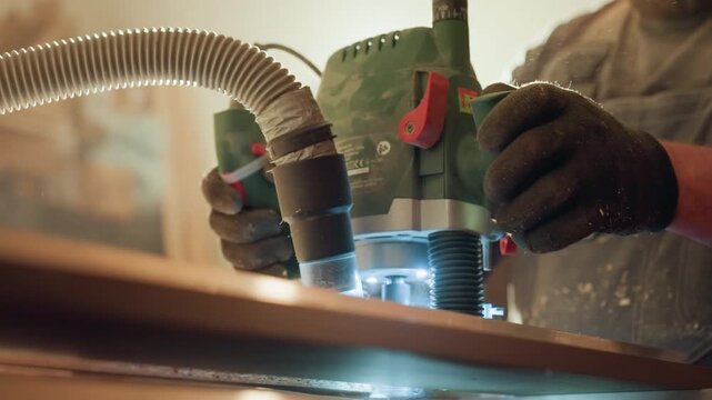 Close up shows gloved hand guiding electric router over wooden board while flexible vacuum attachment collects sawdust focusing on interaction between woodworking power tool and material