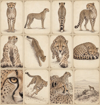 Antique cheetah natural history collection with twelve detailed scientific engraving studies, museum archival plates, vintage wildlife illustration, zoological art and elegant sepia artwork