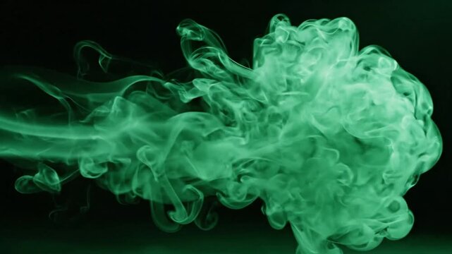 Green Smoke Swirling on Black Background, Abstract Flowing Vapor Waves with Smooth Curves, Dynamic Motion, Glowing Flame-Like Shape and Atmospheric Texture for Creative Design