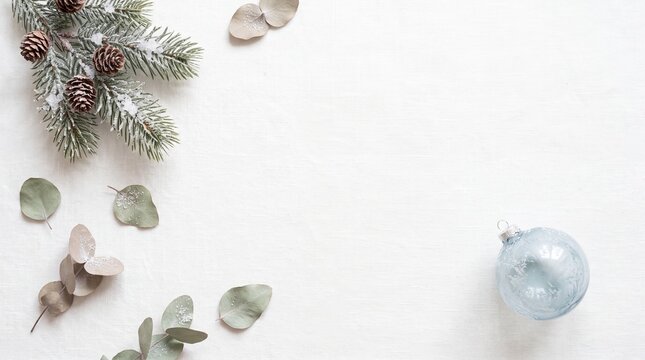 Minimalist christmas background featuring silver pine branches and a shiny bauble ornament arranged on a clean white surface with copy space available