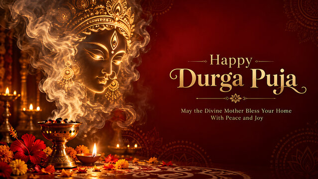 Happy durga puja greeting with divine goddess durga, incense smoke, and glowing diyas for spiritual blessings.