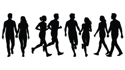 Obraz premium Diverse couples walking and jogging together portrayed as isolated black silhouettes on a clean white background