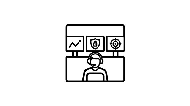 Cybersecurity operator monitoring multiple screens with security icons