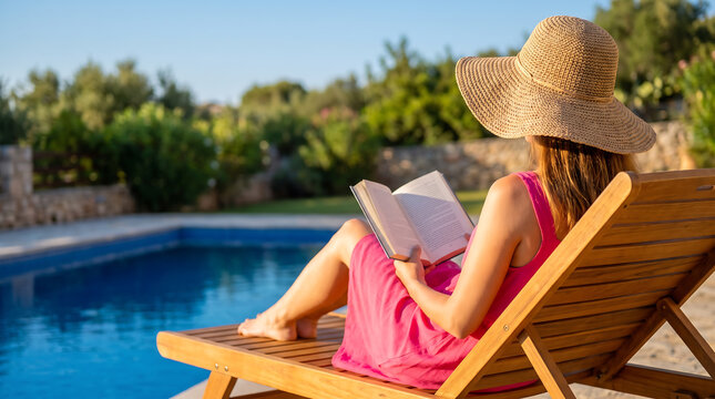 Woman in sun hat reading a book beside a swimming pool on a wooden lounge chair in warm summer sunlight, peaceful outdoor leisure scene