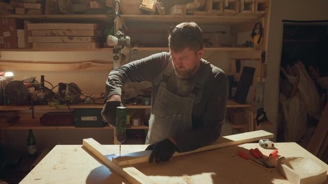 Man wearing work overalls operates handheld electric drill to make precise holes into wood in his workshop. scene shows various hand tools like chisels pliers and measuring tape on wooden