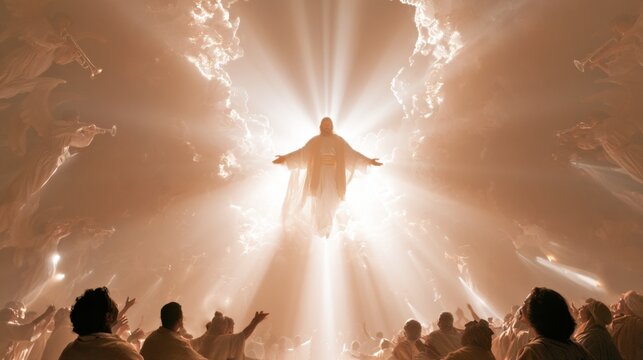 A powerful scene of ascension filled with divine light. Ethereal beings witness a miraculous moment. This stunning imagery captures spirituality and transcendence. AI.