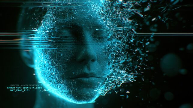 Digital human head dissolving into blue geometric fragments with data error message.