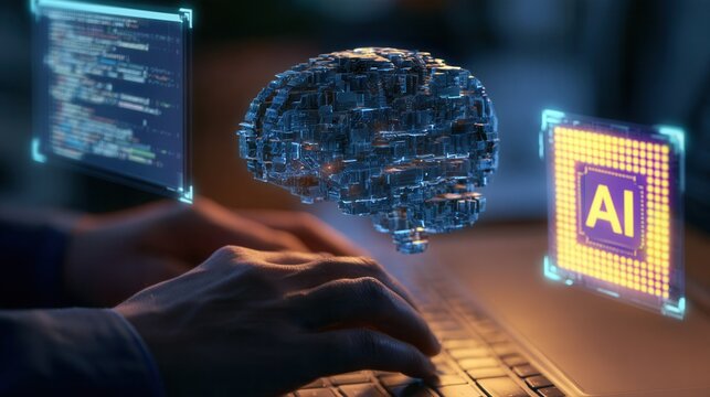 Artificial intelligence brain model showing digital neural network and software coding.