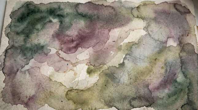 Vintage Watercolor Wash with Muted Green, Mauve and Beige Organic Blotches