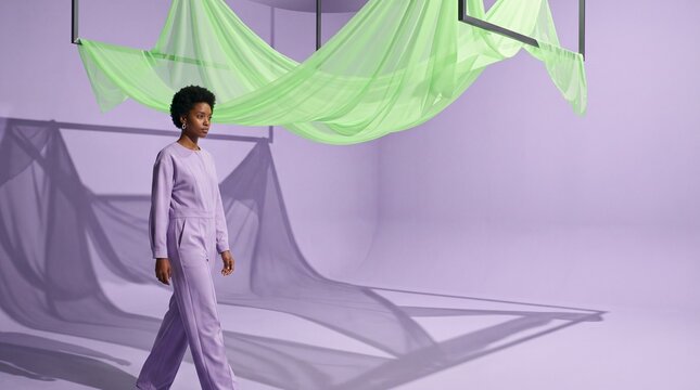 Model walking beneath neon fabric in lavender studio