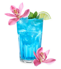 Tasty cocktail in glass and orchid flowers isolated on white © New Africa