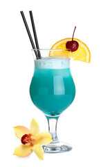 Delicious cocktail in glass and orchid flower isolated on white © New Africa