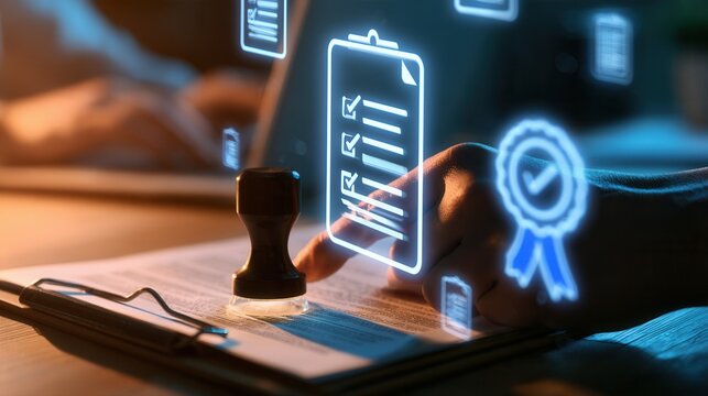 Certification stamp on paper document with glowing virtual checklist for validation.