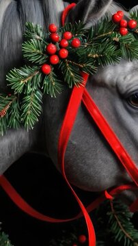 A horse wearing a wreath on its head, suitable for use in designs related to nature, celebrations, or symbolic ry