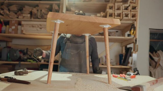 Man in workshop lifts and adjusts underside of assembled wooden table with visible joinery surrounded by various tools like saws hammers and clamps on workbenches. scene is set indoors