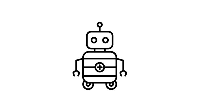Black outline cute robot character with wheels and antenna on transparent background