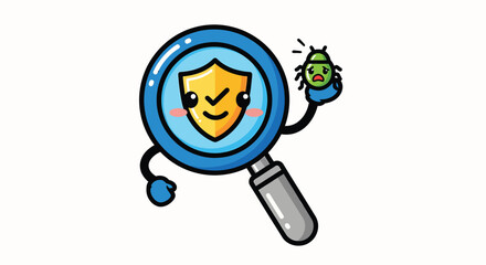 Obraz premium Cute magnifying glass with shield and bug symbols, representing cybersecurity, digital protection, threat detection, privacy, security, and inspection