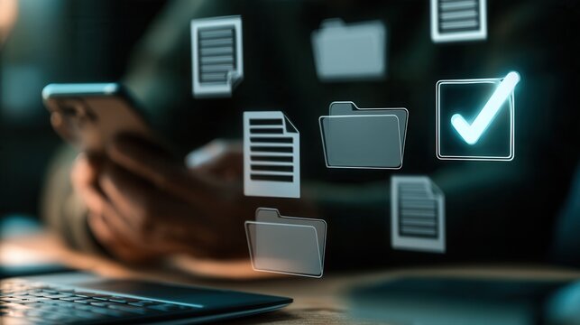Digital document management interface with holographic folders and neon check mark icon.