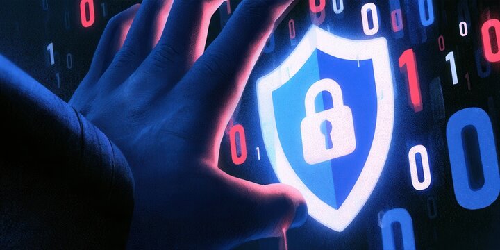 Human hand interacting with virtual shield lock secures sensitive data in dark space.