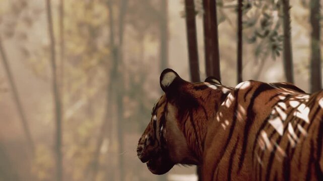 A beautiful tiger moves gracefully among tall trees in the serene forest. Sunlight filters through the leaves, casting enchanting patterns on its golden fur.