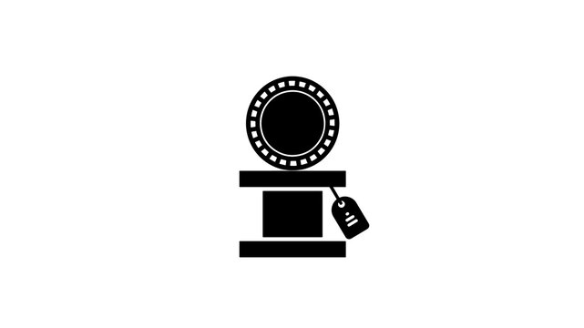 Black coin on a podium with a price tag attached for auction and sale