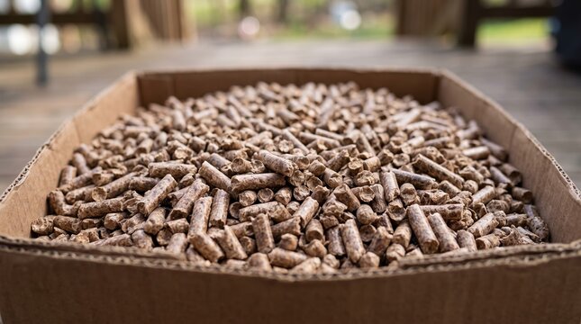 Cardboard box is completely filled with compressed wood pellets for eco-friendly heating.