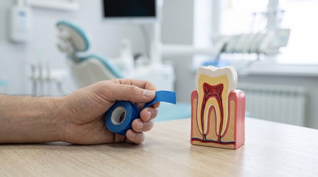 Dentist holds blue tape ready to fix a damaged tooth structure.