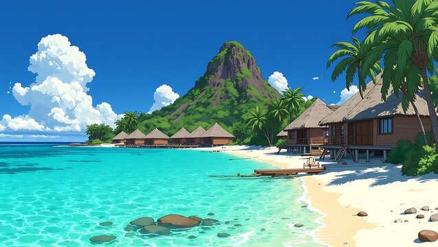Beautiful Tropical Island Resort with Overwater Bungalows and Lush Mountain in a Stunning Retro Anime Illustration Style Wallpaper